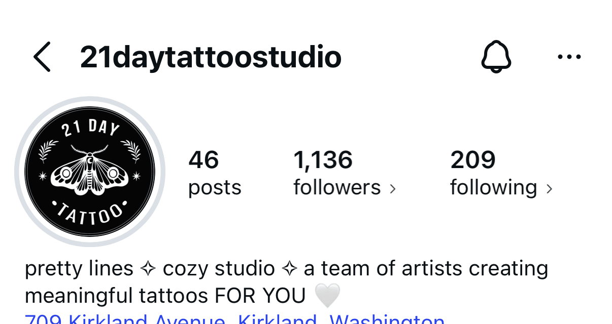 @21daytattoostudio profile — 46 posts, 1,136 followers, 209 following.