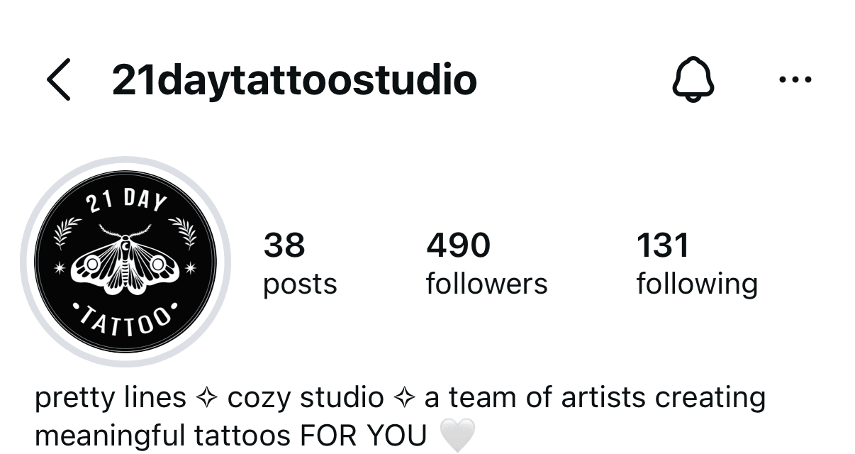 @21daytattoostudio profile — 38 posts, 490 followers, 131 following.