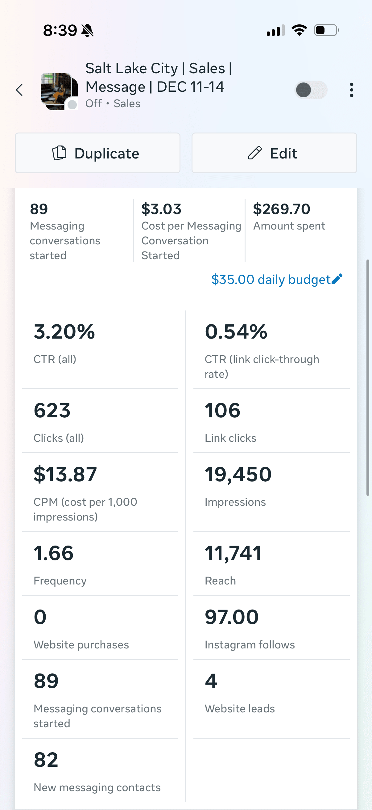 Meta Ads Manager — Salt Lake City campaign: 89 DM conversations at $3.03 each