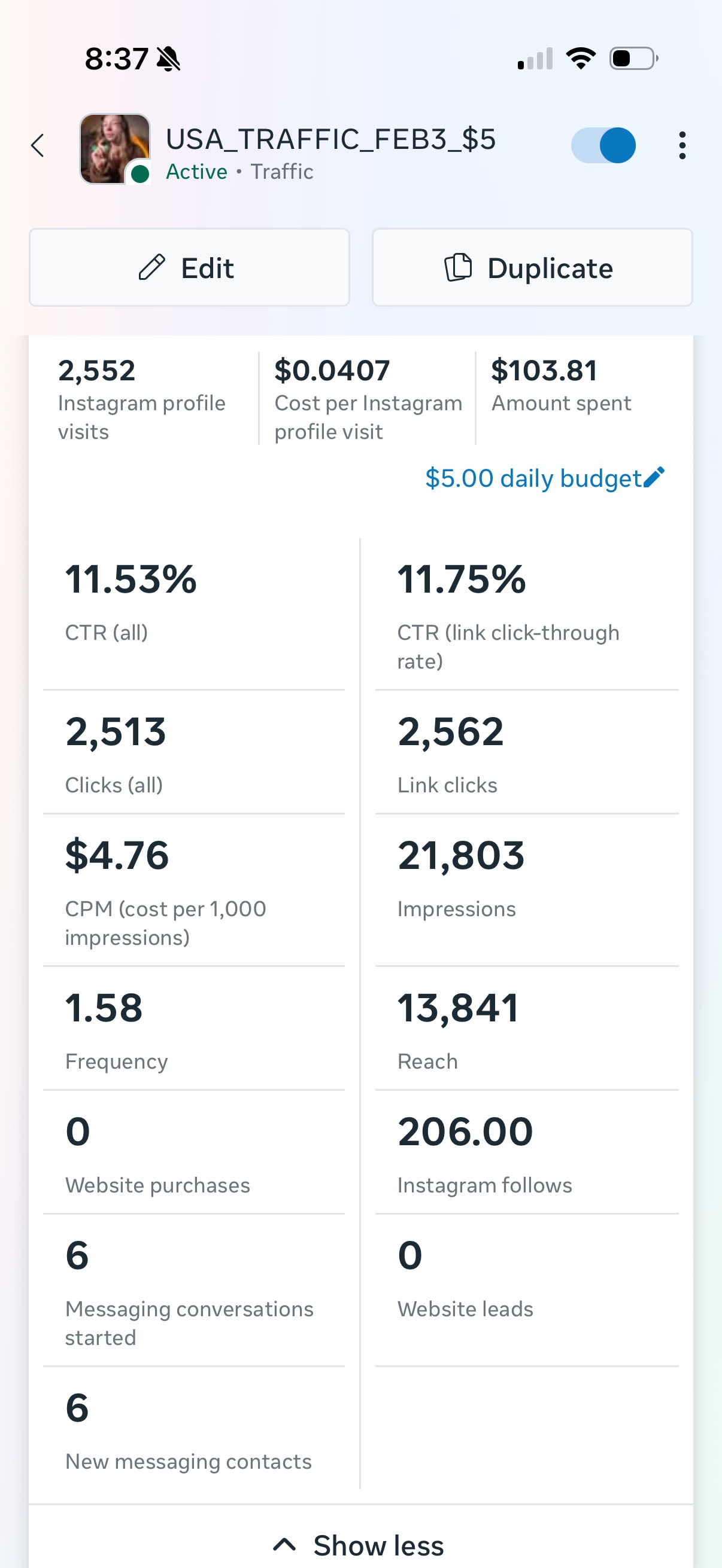 Meta Ads Manager — USA traffic campaign: 4,403 visits at $0.04 per visit